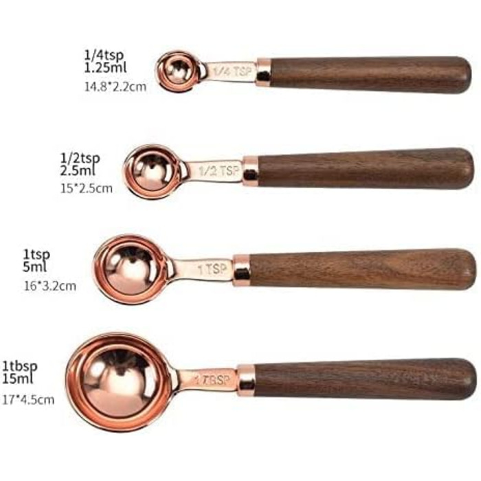 FBHappiness Measuring Spoon, Measuring Spoon with Walnut Handle, Copper-Plated Measuring Spoon, Measuring Cup Set, Kitchen and Baking Utensils (Gold, Measuring Spoons, 4 Pieces) (Golden Measuring Spoons, 4 Pieces)