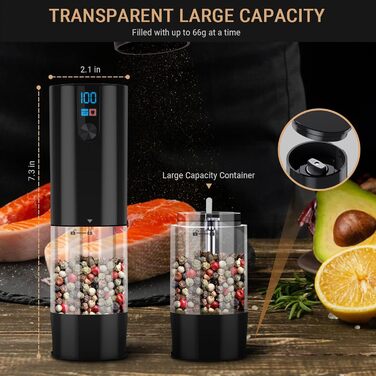 Електричний набір солі та перцю, USB, автоматична млинка, регулювання помелу, LED-дисплей, 120мл, сенсорне управління, для кухні, чорний, 2 шт.