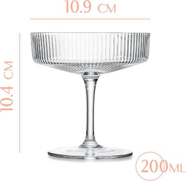 GLASSIQUE CADEAU Набір келихів Vintage Art Deco (4 шт., 200 мл) | Келихи для коктейлів, шампанського, еспресо мартіні, дайкірі | Скляні чаші з кристалу для Speakeasy