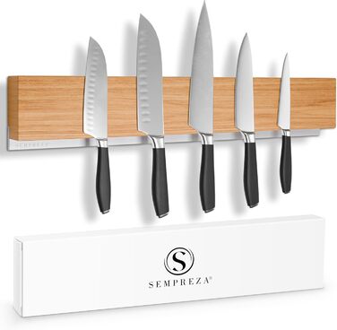 SEMPREZA® Magnetic Knife Strip | 40cm | Oak Wood & Stainless Steel | for Gluing or Screwing | Magnetic Knife Holder | Magnetic Knife Rail | Self-adhesive Magnetic Knife Holder