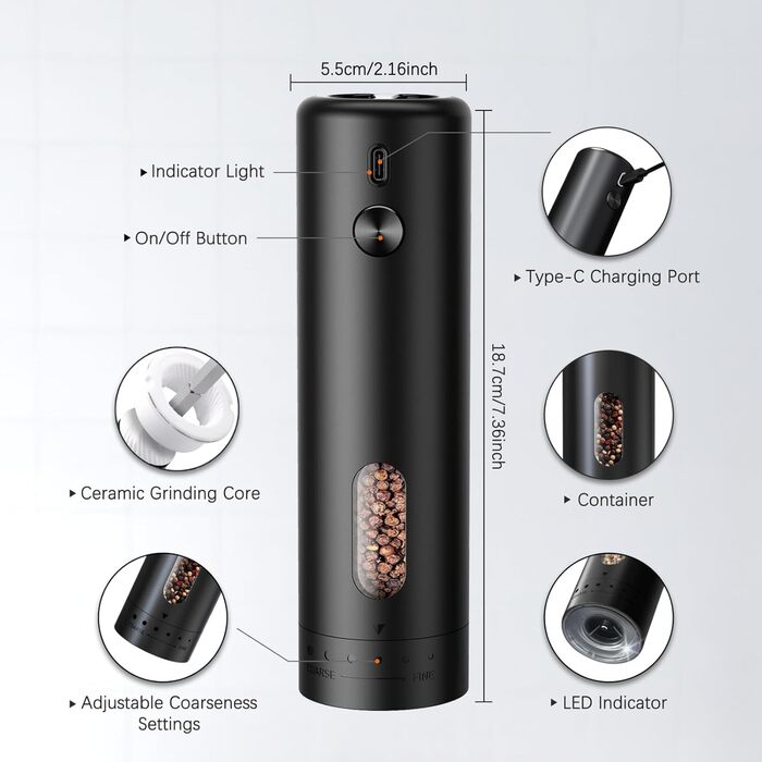 MERTTURM Electric Salt and Pepper Grinder Set with Stand, USB Rechargeable, Automatic Salt and Pepper Dispenser with Large Capacity, External Grind Adjustment for Kitchen (2-Piece Set)