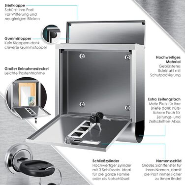 Поштова скринька KESSER® з газетницею та табличкою для імені, нержавіюча сталь, полірована, з оглядовим вікном, замок на 3 ключі, порошкове покриття, для настінного монтажу, велика, срібляста + матеріал для монтажу