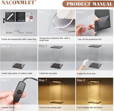 Акрилова вітрина з LED-підсвіткою Naconmlet для колекційних фігурок, прозора коробка-вітрина з дверцятами, чорна основа, 20x20x40 см