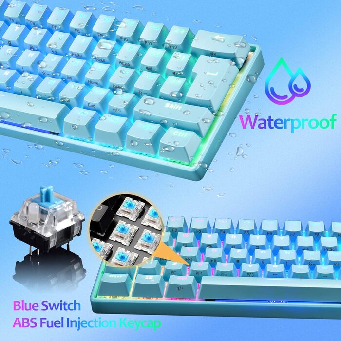 Ігровий комплект клавіатури та миші MK21: механічна клавіатура 60% з RGB підсвічуванням (62 клавіші), миша 6400 DPI та килимок для миші. Сумісний з PS4, Xbox, PC. Кольори: чорний/блакитний (Blue Switch)