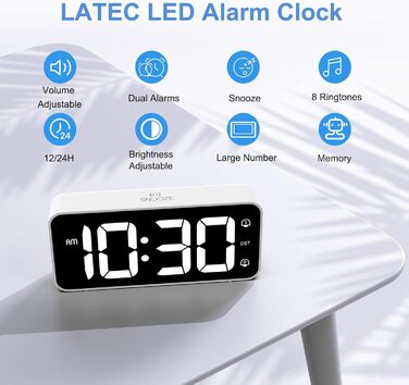 LED-годинник з будильником LATEC з двома тривогами, USB-зарядкою, регулюванням яскравості та гучності, 8 мелодій, 12/24 год, мережевий