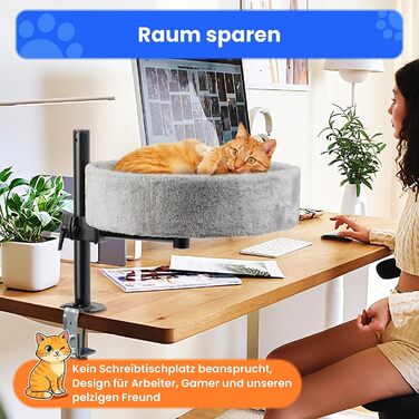 BSWAY Крісло-гніздо для кота на стіл - Покращена 360° обертання, регульована висота, без свердління. Підвищене котяче ліжко над столом. Тримає кошеня/кота близько, робочий простір вільний. Крісло-ліжко для кота на стіл (Сірий, XL)
