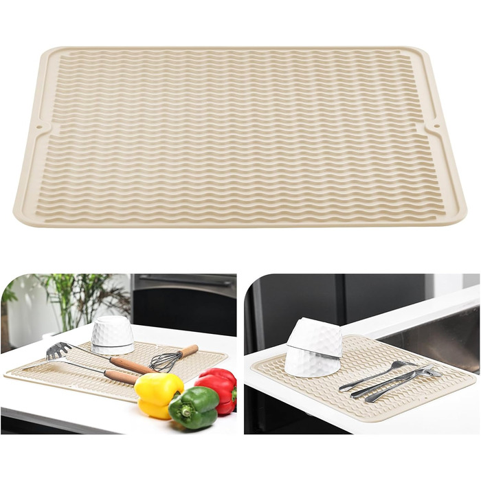 Килимок для сушіння посуду KitchenRaku 40x45 см, силіконовий, термостійкий, неслизький, для мийки, бежевий