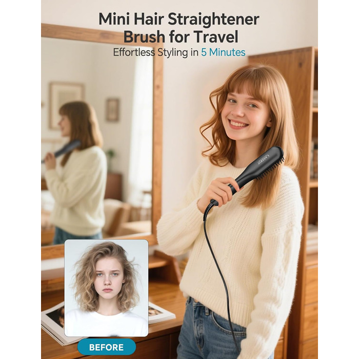LANDOT Міні випрямляч для волосся 2-в-1: випрямляч та щітка для волосся. Компактний випрямляч для короткого та середнього волосся (Чорний)
