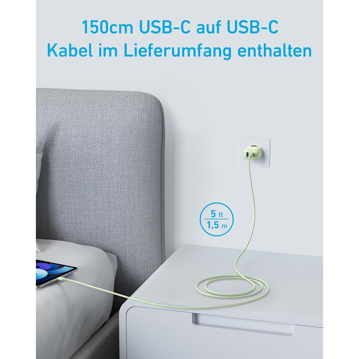 Зарядний пристрій Anker 20W USB-C, адаптер живлення для iPad, швидка зарядка, сумісний з iPhone 17/16/15, кабель USB-C (150 см), зелений