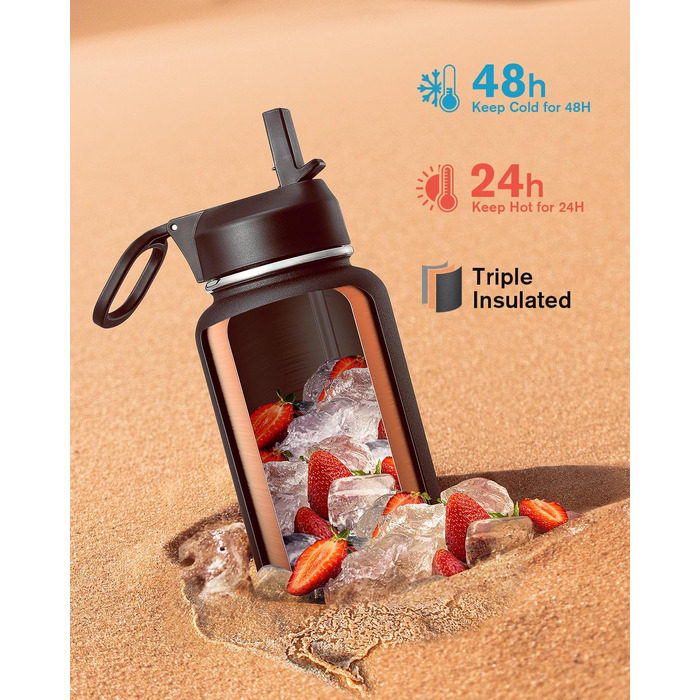 Термофляга Coolflask 1180 мл з трубою та 3 кришками, вакуумна металева пляшка для води для спорту та офісу, чорна