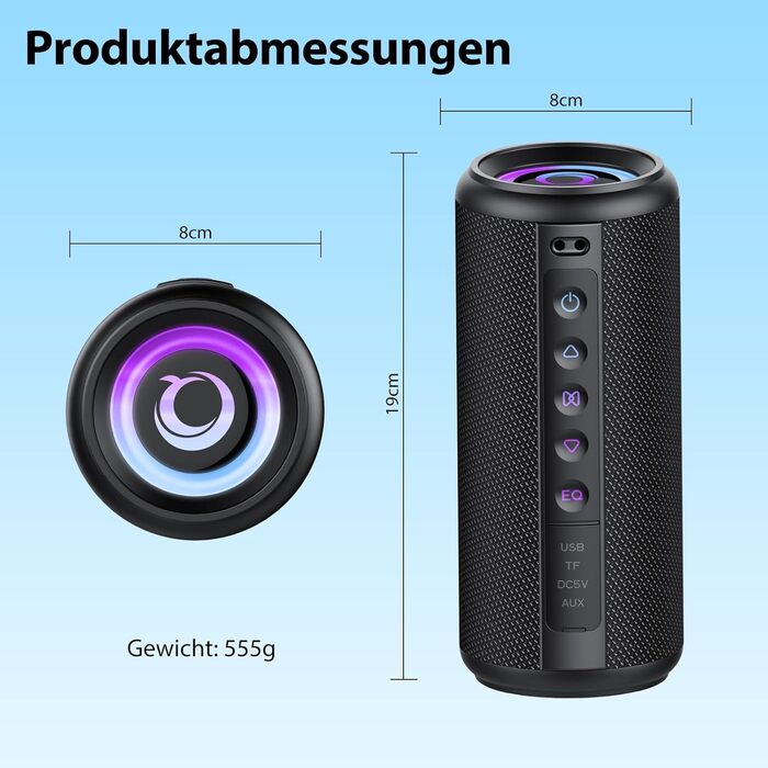Bluetooth колонка 2026 з RGB підсвіткою, портативна, водонепроникна IPX7, з мікрофоном, для дому, саду та подорожей, чорна