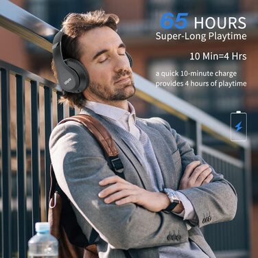 Бездротові навушники Uliptz Over-Ear Bluetooth з 65 годинами роботи, 6 EQ-режимів, HiFi стерео, складні, для подорожей/офісу/телефону/ПК (Чорний)