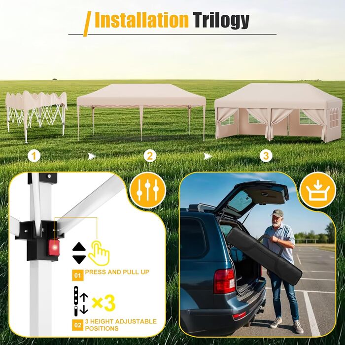 Devoko Gazebo, 2x2 Gazebo Waterproof, Stable, Winter-Proof, 3-Height Adjustable, Folding Gazebo UV Protection 50+, Folding Tent, Folding Canopy, Gazebo with Carry Bag, For Garden Outdoor Camping, (3*6m 6 Side Walls, Beige)