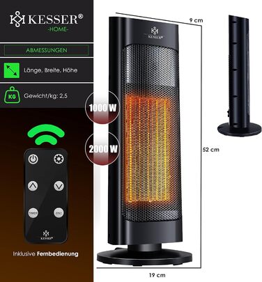 Обігрівач KESSER® 2000W з пультом керування, керамічний, тихий, з осциляцією, таймером, чорний