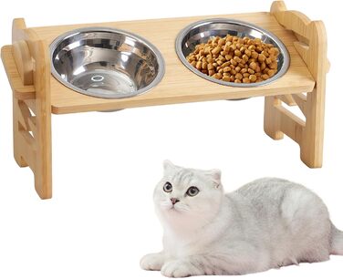Підвищена годівниця для собак з бамбука з регулюванням висоти, 2 миски з нержавіючої сталі, нахилена годівниця для собак та котів, міцна