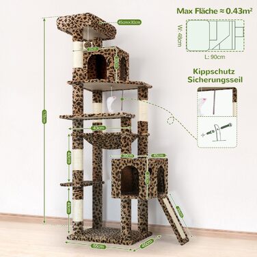 Драбина-будинок для котів Globlazer Kaktus (178 см) з гамаком, платформами, сходами з сизалю, для 2-4 котів, зелений (F70 Pro, XXL, леопардовий)