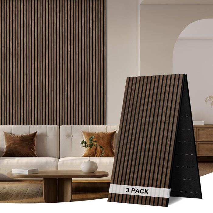 Акустична настінна панель з натуральним шпоном Темний горіх, 240x60x1.8 см, 1 шт (1,44 м²) для студії, вітальні та офісу