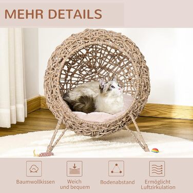 PawHut Rattan Cat House with Cushion, Cat Sleeping Place, Cat Cave with Raised Feet, Natural Ø52 x 58 cm