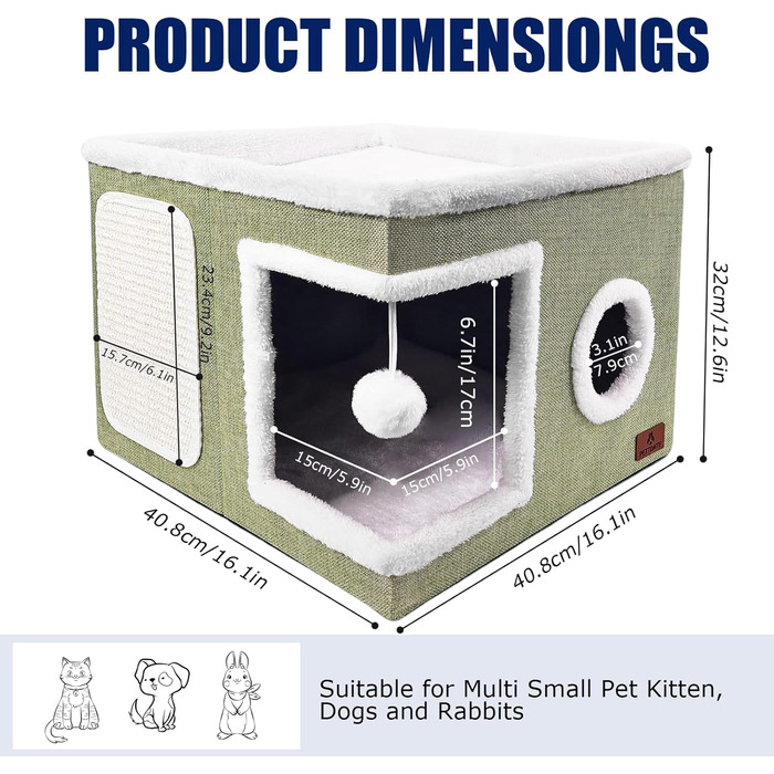 Кігтечка-будиночок для котів, кігтечка-печера з ковдрою та іграшкою, складаний будиночок-куб для котів, притулок для котів KatzenKondo з двостороннім подушкою, зелений, 41x41x32 см