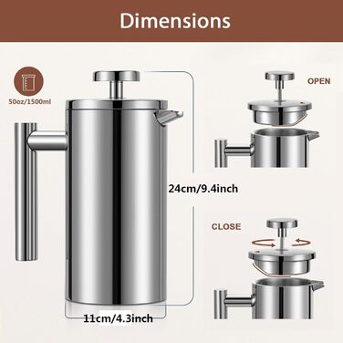 Wrobic French Press Coffee Maker 1.5 Liter Stainless Steel Coffee Maker, Double-Walled Insulated French Press Coffee Pot with 3 Extra Filters (silver, 1500ml) 1500ml Silver