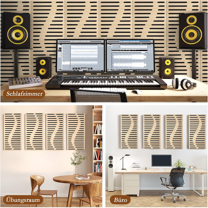 Акустичні панелі JBER для звукоізоляції стін, самоклеючі шумопоглинаючі плити з імітацією натурального дуба, 3-шарові декоративні панелі для студії, 60×30×4.5 см, еліптичні лінії (4 шт.)