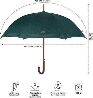 Perletti Green Eco-Friendly Women's Umbrella - Large Automatic Rain Umbrella with Recycled Materials & Floral Design (102cm Diameter)