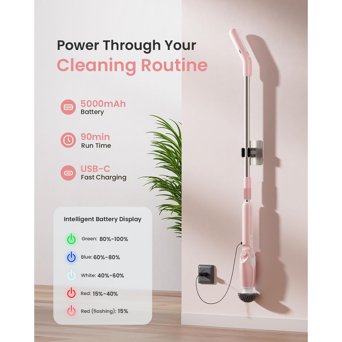 Leebein Electric Cleaning Brush, 2024 New Spin Scrubber with 8 Interchangeable Brush Heads, Remote Control, Adjustable Long Handle 38-132CM & 2 Speeds and for Bathroom/Kitchen