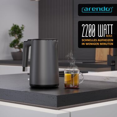 Електричний чайник Arendo з нержавіючої сталі 1.5 л, 2200 Вт, подвійні стінки, 360°, без BPA, захист від перегріву та сухого кипіння, чорний матовий сірий, 1.5 л
