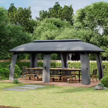 Outsunny Garden Pavilion 3 x 6 m Party Tent with Double Roof & Side Walls, Mosquito Nets for up to 15 People, Galvanized Metal, Dark Grey