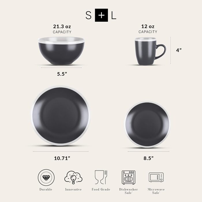 Набір посуду Stone Lain Serenity Steingut, 16 предметів (сервіз на 4 особи), темно-сірий та кремовий, придатний для миття в посудомийній машині та використання в мікрохвильовій печі