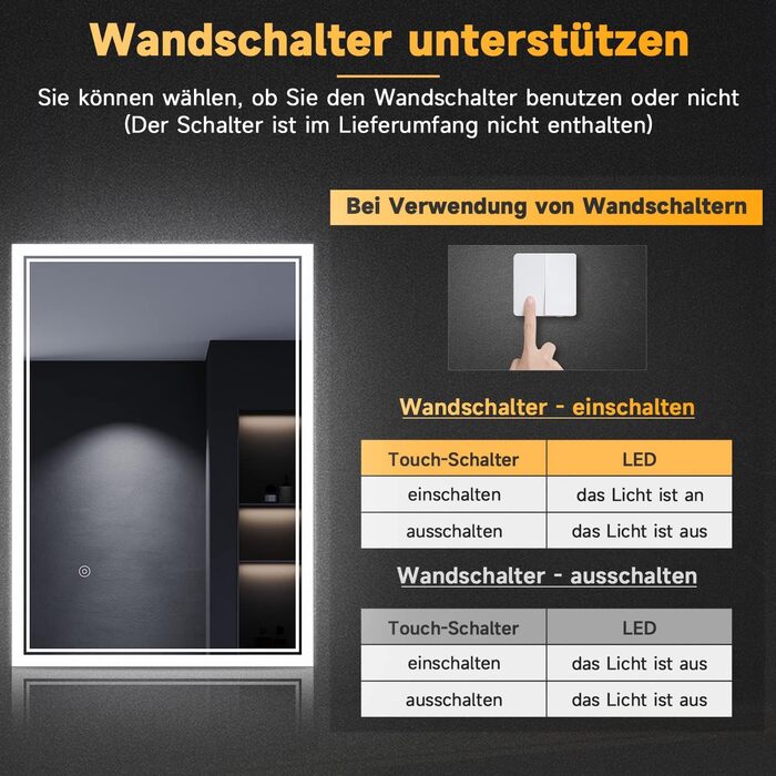 Дзеркало для ванної кімнати SONNI з підсвічуванням 80x60 см, 3 кольори світла, проти запотівання, LED, сенсорне керування, годинник, температура, 3-кратне збільшення