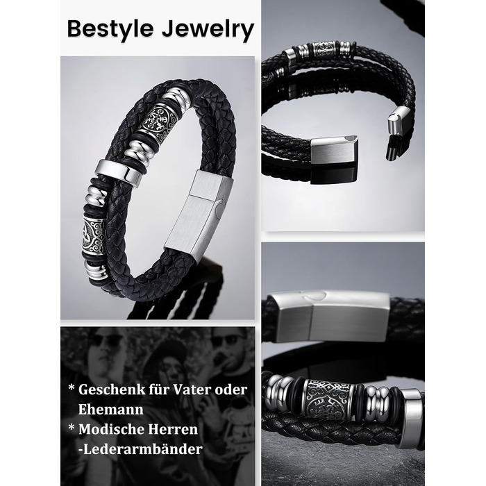 Браслет шкіряний чоловічий Bestyle: Вікінзький браслет з нержавіючої сталі з магнітною застібкою (срібний, чорний, золотий) - 25 см
