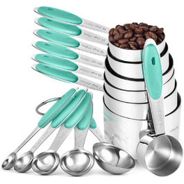 12-Piece Measuring Cups and Spoons Set: Nesting Cups, Teaspoons, and Tablespoons Made of 18/8 Stainless Steel for Baking, Cooking, Stronger Welded Handle (Aqua Sky)
