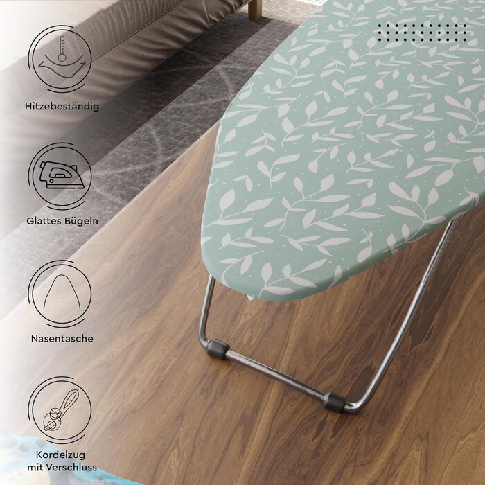 Чохол для прасувального столу Encasa XO з фетровим покриттям та шнуровим посиленням (підходить для стандартних прасувальних столів 112x34 см), з відбиттям тепла, з принтом 'Міні, зелені листочки'