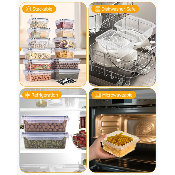 Набір контейнерів для зберігання продуктів 24 шт. з кришкою, герметичні, для кухні, 1L/0.84L/0.7L/0.55L/0.35L