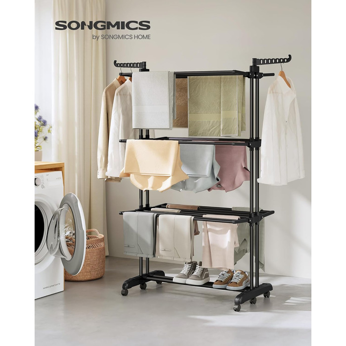 SONGMICS Сушарка для білизни на коліщатках, 4 яруси, розкладна, чорна, 63.5 x 125.5 x 173 см, LLR703G01