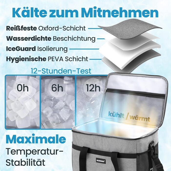 Термосумка HELDENWERK 40L з 7 відділеннями – велика, складна, для пікніка, ланчу, виїздів, сірого кольору, 12 годин охолодження, витримує 40L, з посиленим дном