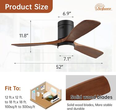 Стеляний вентилятор Sofucor з підсвічуванням, дистанційним керуванням, 3 лопатями з дерева, DC, таймер, 3 колірні температури, 6 швидкостей, режим літо/зима, з підсвічуванням та кріпленням Light+Flush, темне дерево