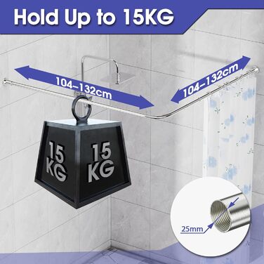 Регульована штанга для душу L-Form, нержавіюча сталь, 68–96 см × 68–96 см, водовідштовхувальна, з 12 кільцями, комплект гвинтів, 90 градусів