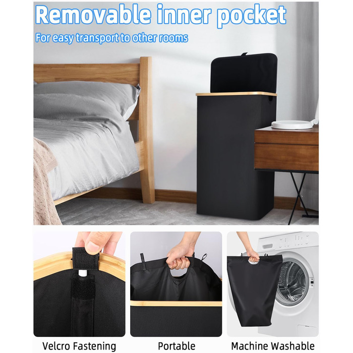 Laundry Basket with Lid 100L, Laundry Box with Bamboo Handles and Inner Pocket, Bamboo Laundry Collector, Large Capacity, Laundry Baskets, Foldable Laundry Baskets for Laundry Room, Bedroom, Bathroom (black)