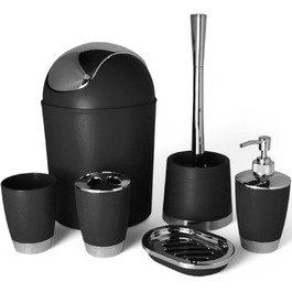 Набір аксесуарів для ванної кімнати 6tlg Badset: мильниця, стакан для зубних щіток, контейнер для косметики, щітка для унітазу з тримачем, мильниця, відро для сміття, тримач для зубних щіток, комплект для ванної кімнати (чорний дизайн 1)