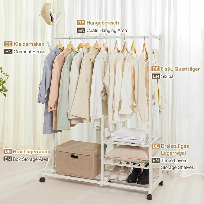 Yorbay Bamboo Clothes Rack with Wheels, Clothes Rail, 3 Shelves and 6 Hooks, Tree Shape, 100 x 38 x 176 cm (White)