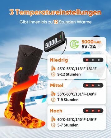 Гріючі шкарпетки з керуванням через додаток, 5000mAh, 5V, 3 режими нагріву, 360° нагрів, для жінок та чоловіків, для катання на лижах та полювання, середнього розміру