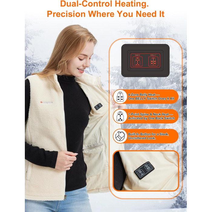 Жіноча флісова електрична жилетка Gokozy з 11 зонами обігріву та акумулятором 7.4V, Sherpa, тепла та затишна жилетка для осені та зими, колір Off-White