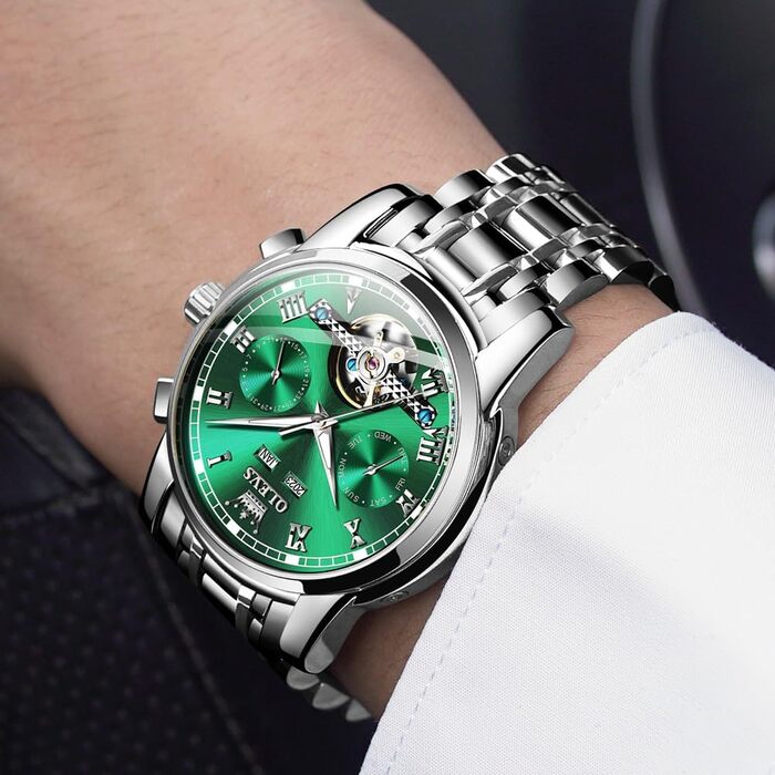 Чоловічий годинник OLEVS Automatik з турбійоном, календарем, чорний, водонепроникний, світлодіодна підсвітка, двоколірний (срібло/зелений)
