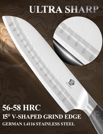 Ніж Santoku WILDMOK 18 см, японський кухонний ніж з нержавіючої сталі з ручкою з пакавуду – професійний ніж для кухні