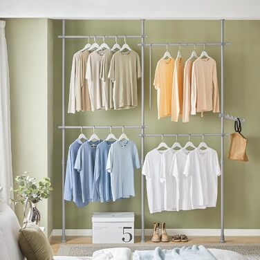 SoBuy KLS03-SCH Clothes Rack Coat Rack with 4 Clothes Rails Telescopic Wardrobe System Adjustable Shelf System Bra Approx. 124-226x200-285cm (Light Grey)