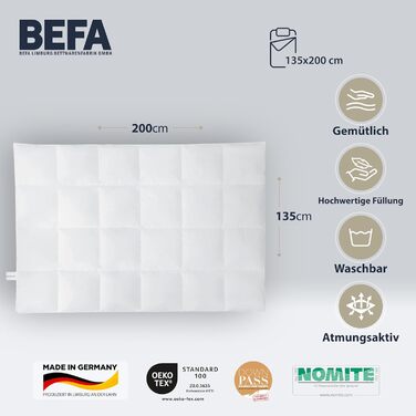 Ковдра з гусячого пуху BEFA NATUR 135x200 см, 90% пух, 10% перо, всесезонна, для алергіків, сертифікат OEKO-TEX 100, Downpass, Німеччина