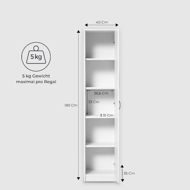 Bookshelf Wardrobe Shelf White 40cm wide 180cm high Storage Cabinet Organizer Multi-Purpose Cabinet with 4 Adjustable Shelves Filing Cabinet Shelf Wall narrow Wood for Bedroom Hallway Basement Office
