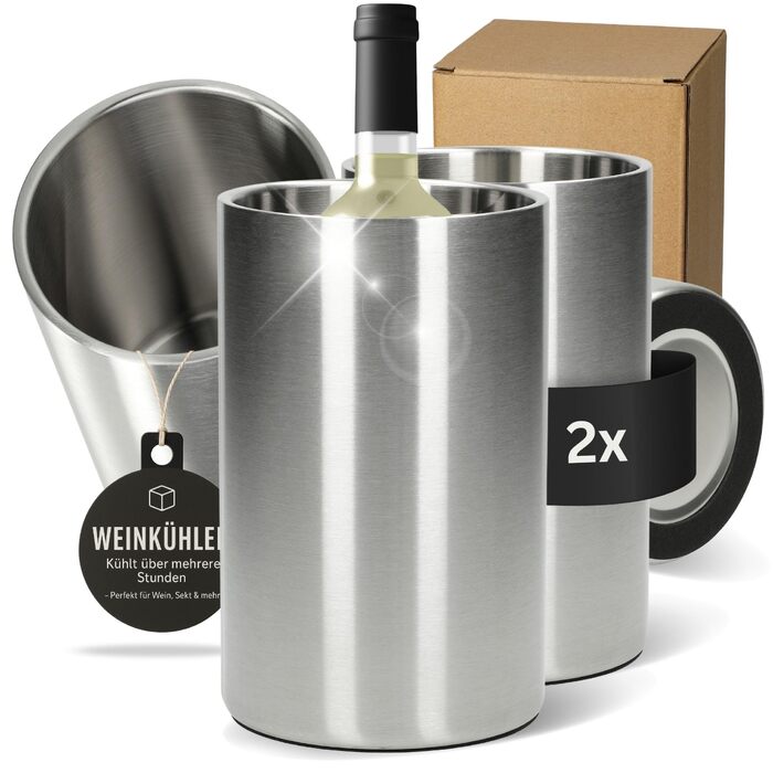 Охолоджувач для пляшок 'Chill' - двостінний сталевий охолоджувач для вина, шампанського, пива - подарунок для любителів вина, 2 шт., сріблястий